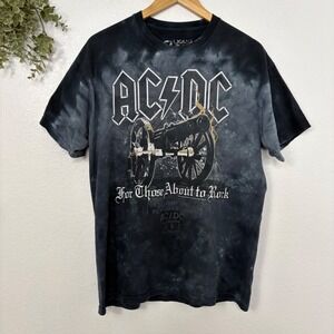 ACDC For Those About to Rock Tie Dye T Shirt Liquid Blue Black Grey Size L